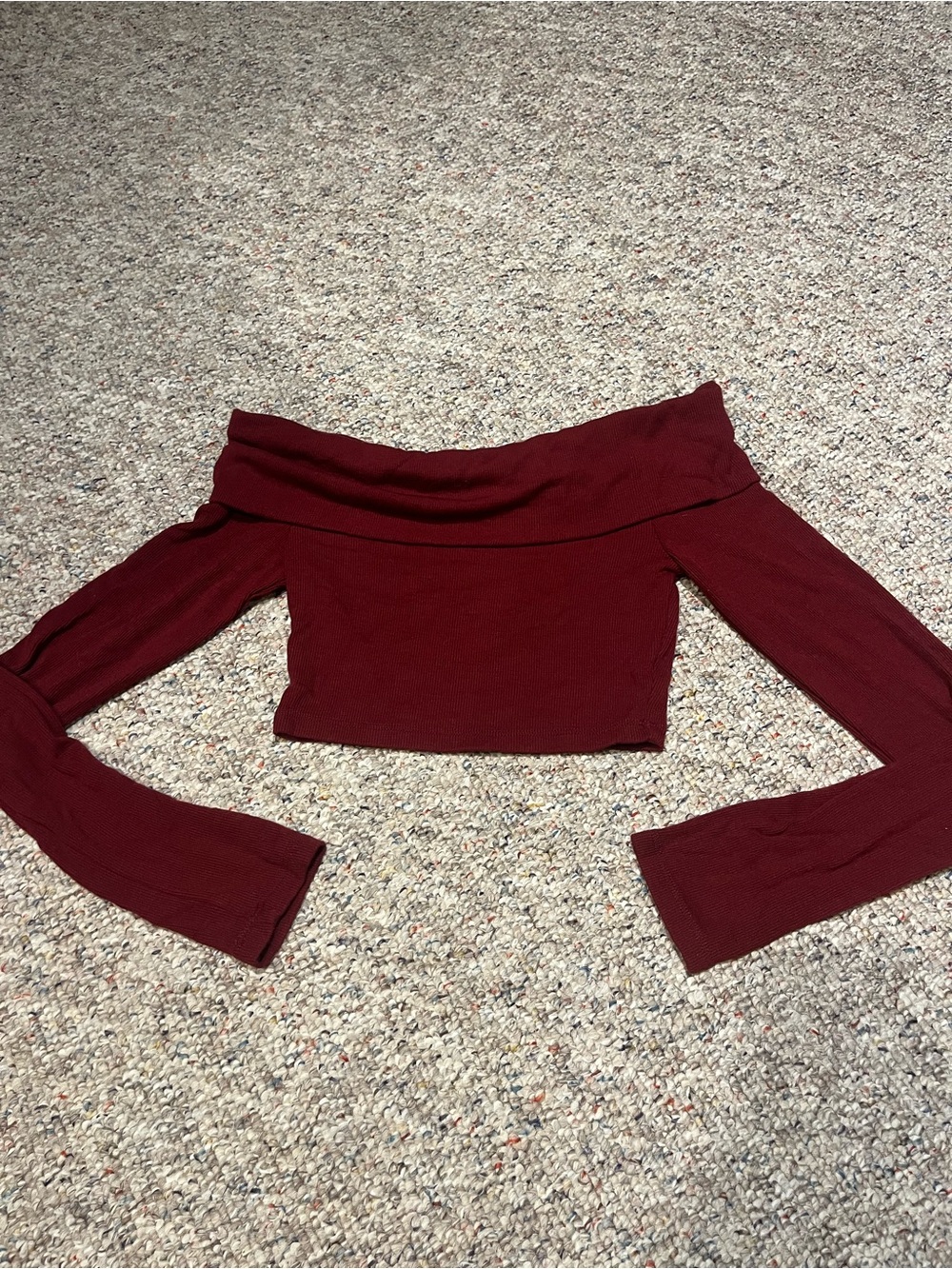 Garage Off-Shoulder Long Sleeve Cropped Top - Burgundy